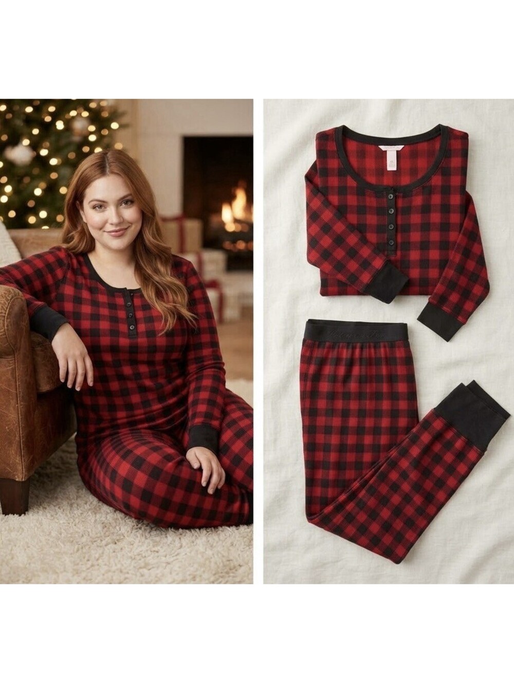Victoria’s Secret/Pink Thermal Pajama Set Red&Black Checkered Plaid Size  XXL